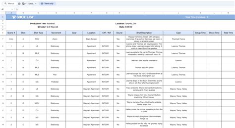 shot list template  google sheets excel word