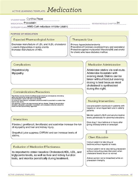 Pravastatin - Medication ATI - ACTIVE LEARNING TEMPLATES THERAPEUTIC PROCEDURE A Medication ...