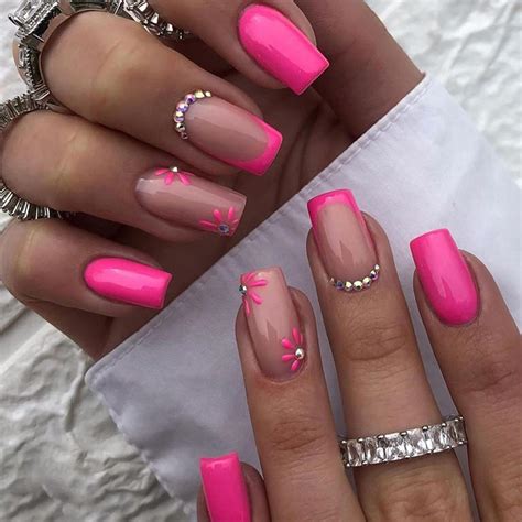 Amazon Medium Square Press On Nails Summer Hot Pink Flower Fake Nails French Tip Nails