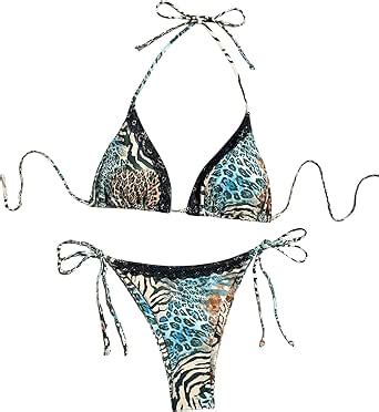 Amazon Verdusa Women S Leopard Halter Triangle Micro Bikini Set Swimwear Tie Side Thong