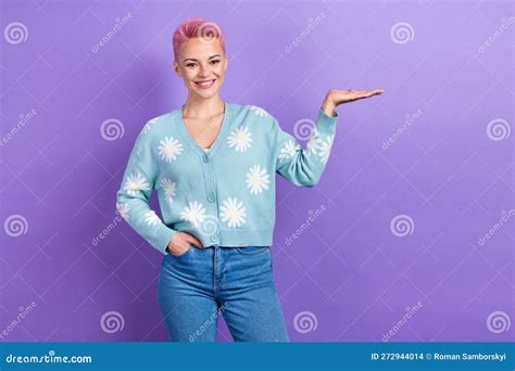 Photo Of Toothy Beaming Woman With Short Hairstyle Dressed Blue