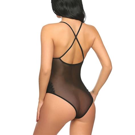 Women One Piece Lingerie Lace Fishnet Teddy Bodysuit Mesh Babydoll Black Cr Ycage