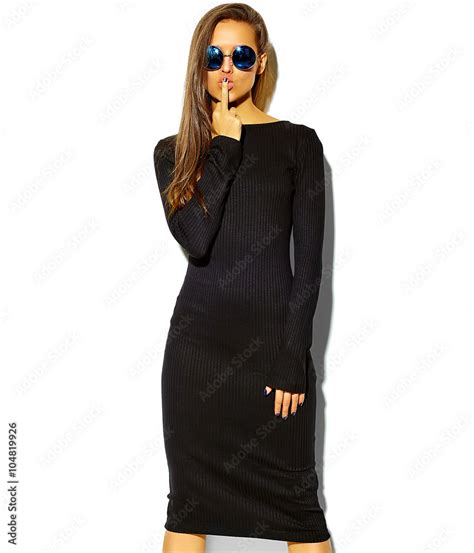 Beautiful Happy Cute Smiling Brunette Woman Girl In Casual Black Hipster Summer Clothes With No