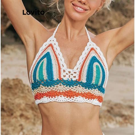 Lovito Women Boho Patchwork Hollow Bikini Top LNL Shopee Philippines