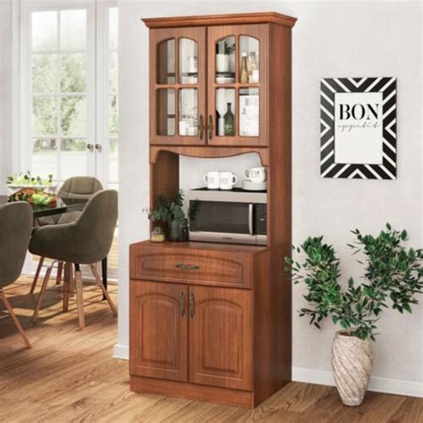 cherry wooden microwave tall kitchen storage cabinet cupboard