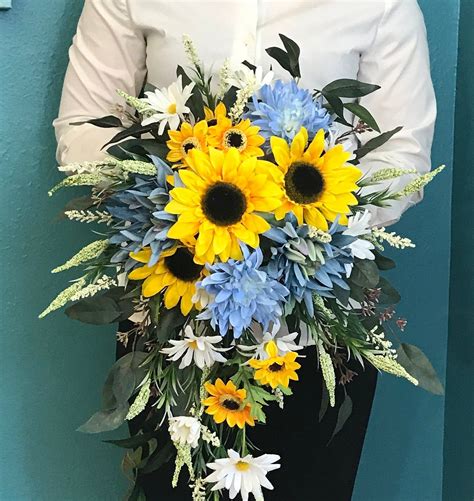 Dusty Blue Sunflower Cascading Bridal Bouquet Silk Blue Sunflower