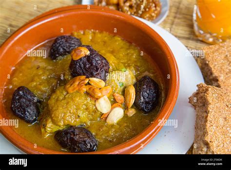 Moroccan Food Traditional Dish On A Typical Restaurant Tajine Of Lamb