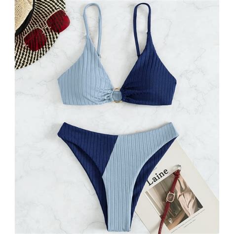 Fashion Bikini Swimsuit Women Color Block Triangle Swimwear Pieces Patchwork Bathing Suit