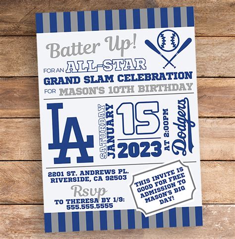 Instant Digital Download Dodgers Theme Birthday Party Invitation La