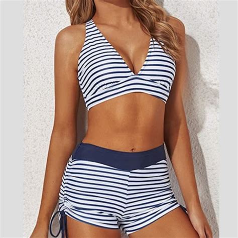 Boutique Swim New Athletic Blue White Striped Bikini Poshmark