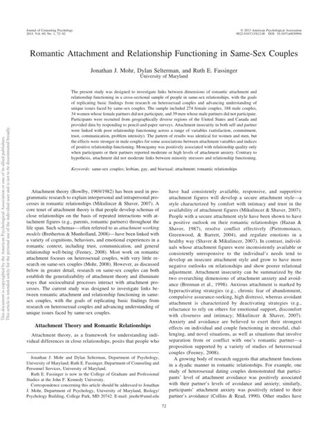 Pdf Romantic Attachment And Relationship Functioning In Same Sex Couples