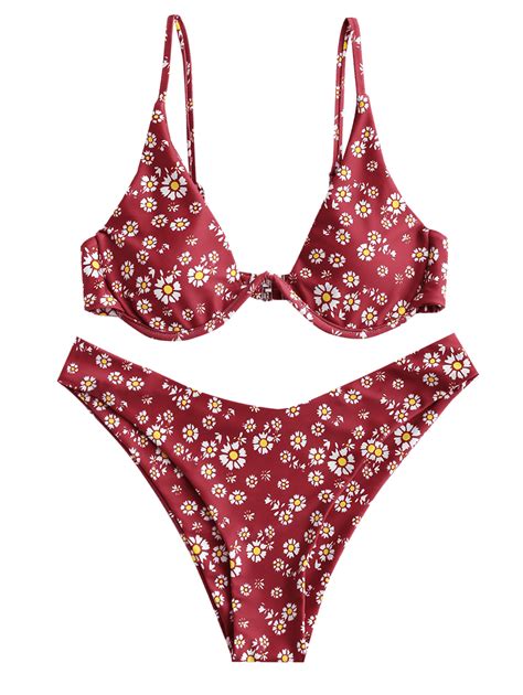 Zaful Daisy Print Underwire High Leg Bikini Swimsuit Red Wine High