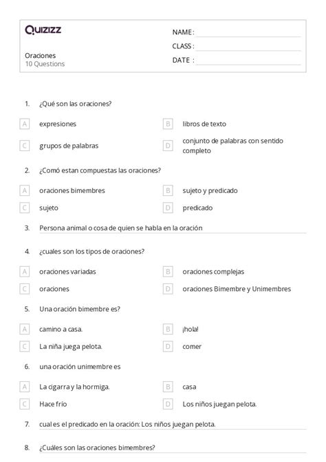 Oraciones Hojas De Trabajo Para Grado En Quizizz Gratis E