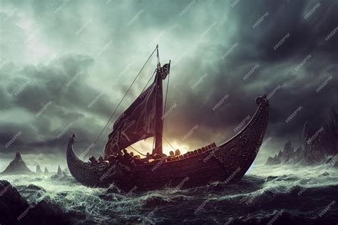 Premium Photo Vikings Battle Ship In The Middle Of Stormy Sea