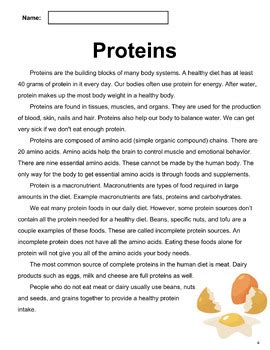 Nutrition Nonfiction Reading Comprehension Passage 1 Proteins Grade 2 3