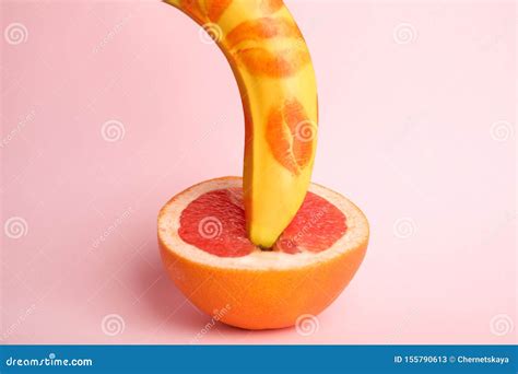 Fresh Banana With Red Lipstick Marks And On Pink Background Sex Concept Stock Image Image Of