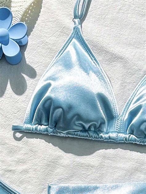 Conjunto de Maiô Bikini Top e Calcinha Cor Sólida e Decote em Halter para Adolescentes