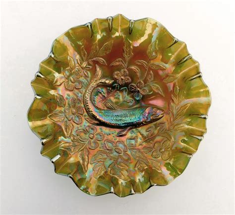 Millersburg Green Carnival Glass In Edge Radium Trout And Fly