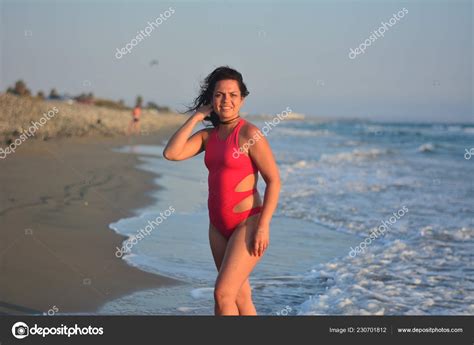 Beautiful Happy Brunette Girl Posing Beach Red Bathing Suit Stock Photo Georgykrivtsov
