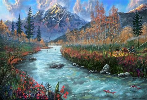 Flowers Beside River Painting Fish Mountains River Stones People