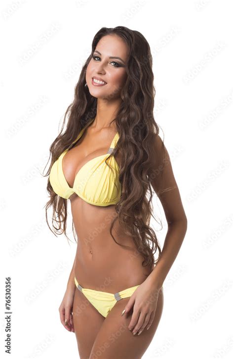 Sexy Brunette With Curly Hair Posing In Swimsuit Stock Photo Adobe Stock