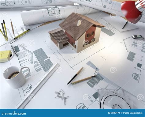 Architect Drawing Table With 3d Model Stock Illustration Illustration