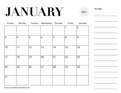 2021 Calendar January A Printable Calendar