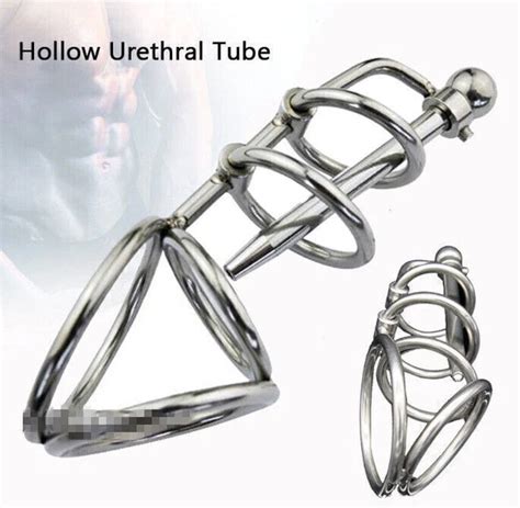 MALE BONDAGE CHASTITY CAGE WITH URETHRAL TUBE STAINLESS STEEL COCK SEX RING TOYS EUR 23 99