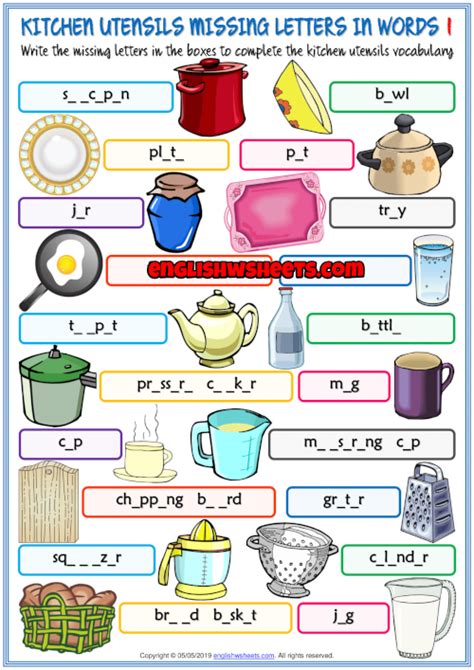 Kitchen Utensils Esl Missing Letters In Words Worksheets