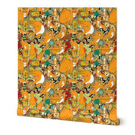 Orange Angry Pussy Cat On Bright Retro Wallpaper Spoonflower