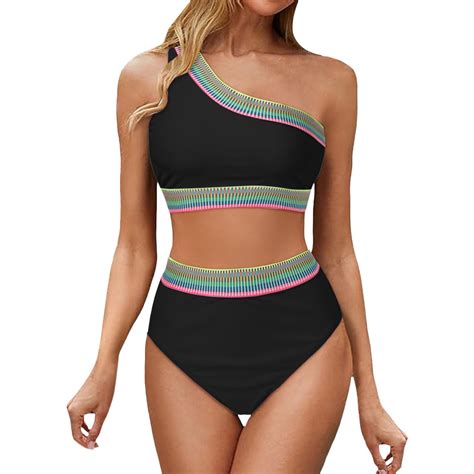 Celivon Womens Bikinis Swimsuit High Waisted Bikini Set One Shoulder Two Piece Color Block With
