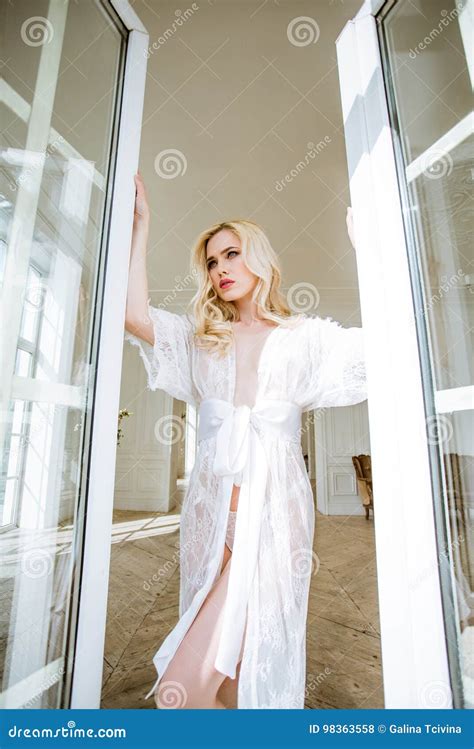 Beautiful Lady In Elegant White Robe Stock Photo Image Of Elegant Lingerie