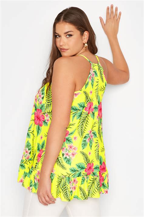 Plus Size Bright Yellow Tropical Print Frill Hem Cami Top Yours Clothing