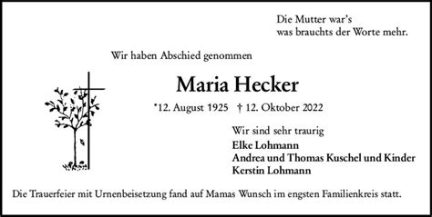 Traueranzeigen Von Maria Hecker Vrm Trauer De