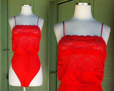 1970s Red Nylon Lace Lingerie Bodysuit By Deena 70s Red Lace Spaghetti Strap High Cut Romper