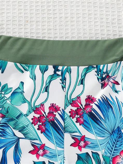 SHEIN Tween Girls Everyday Casual Halter Neck Bikini Set With Tropical Plant Print And Matching