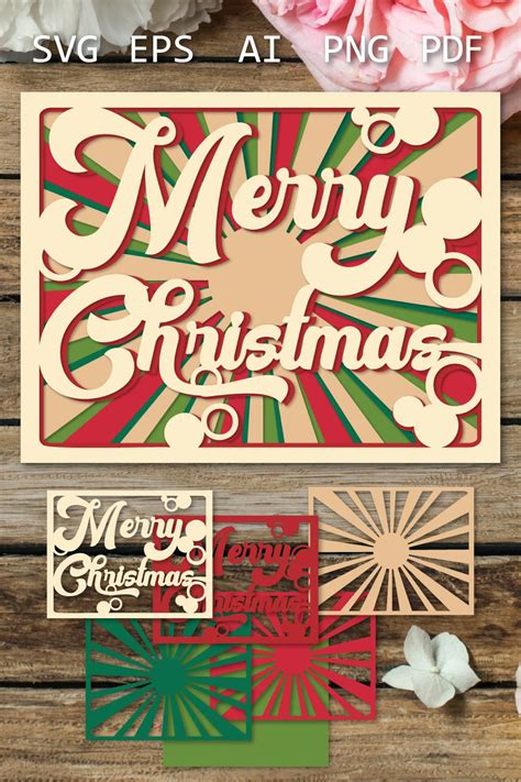 Retro Christmas card, Vintage Layered paper cut 3D SVG