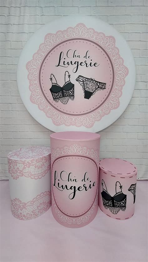 Painel De Festa Redondo X Trio De Capas Cilindro Ch De Lingerie Preta Fundo Rosa