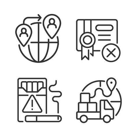 Contraband linear icons set. People smuggling. Cigarettes illegal