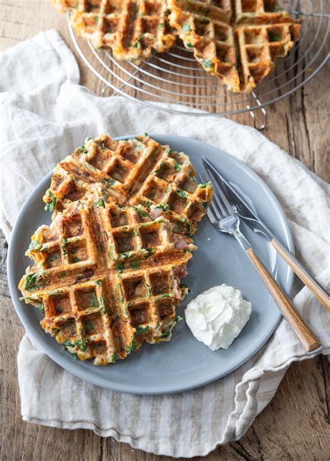 Savory Waffles With Spinach Ham And Cheese Beyond Kimchee