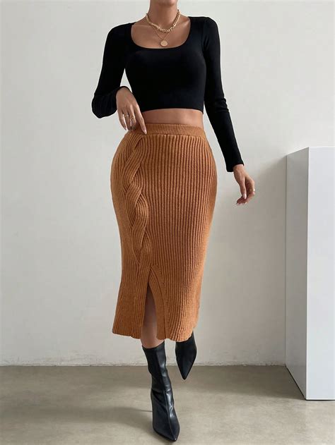 SHEIN Essnce Solid Split Hem Ribbed Knit Skirt SHEIN USA