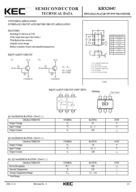 KRX204U Datasheet EPITAXIAL PLANAR PNP NPN TRANSISTOR