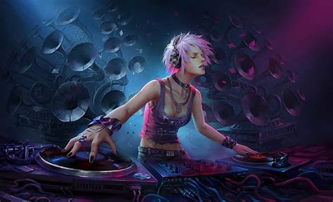 HD wallpaper: DJ, Girl, Headphones, Pink Hair, Short Hair, Speakers, Woman | Wallpaper Flare