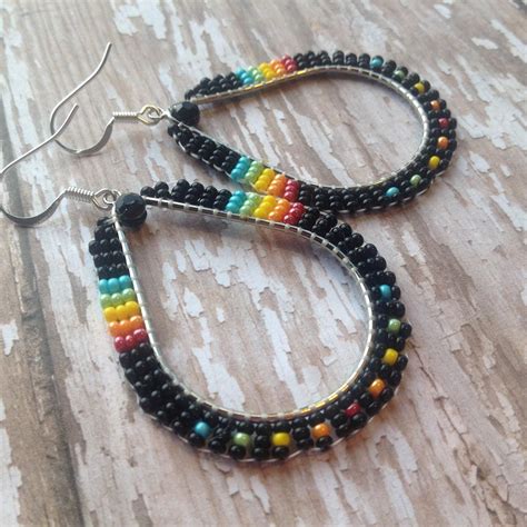 Black Beaded Tear Drop Hoops Etsy Beaded Earrings Diy Beaded