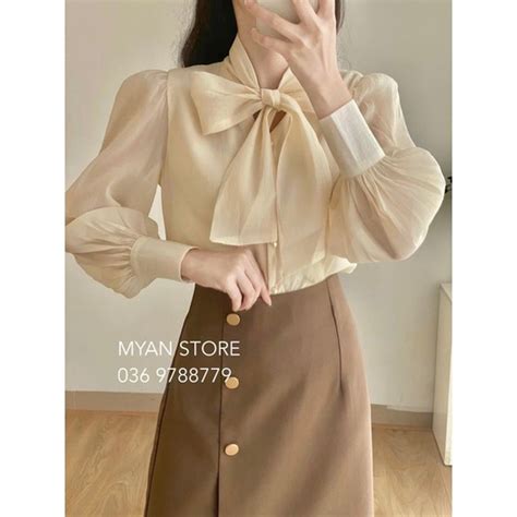 Mua Áo Sơ Mi Kiểu Lớp Nơ Cổ Tay Phồng Tiểu Thư Màu Nude AVN MYAN giá rẻ nhất TecKi Vn