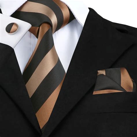 2017 Fashion Black Chocolate Tan Stripe Tie Hanky Cufflinks 100 Silk