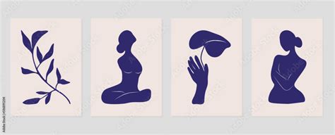 Set Of Abstract Cover Background Inspired By Matisse Leaf Nude Female Body Monochrome Pattern