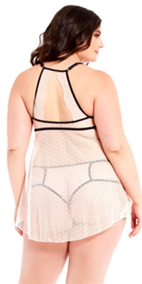 Plus Size Nude And Black Dot Mesh Lace Babydoll Women S Lingerie
