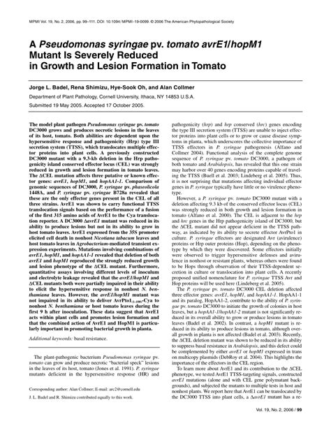 (PDF) A Pseudomonas syringae pv. tomato avrE1/hopM1 Mutant Is Severely Reduced in Growth and ...