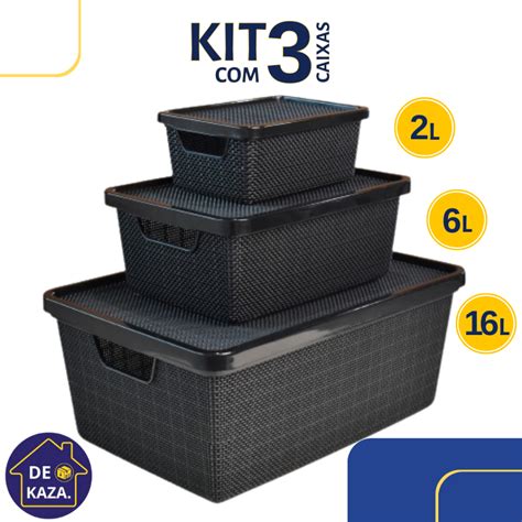 KIT 3 CAIXAS ORGANIZADORAS 2L 6L 16L JUTTA PRETAS Shopee Brasil